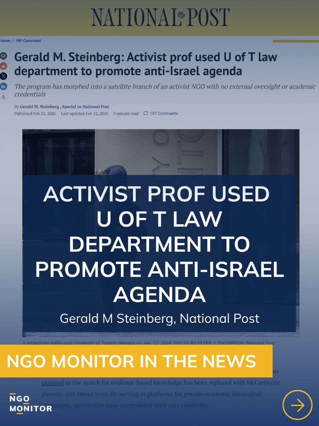 Activist prof used U of T law department to promote anti-Israel agenda