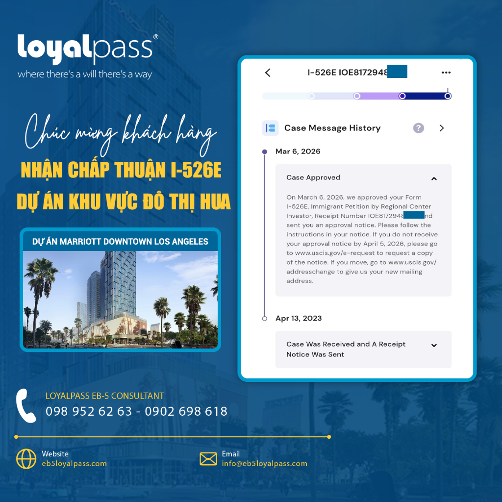 Ch&uacute;c mừng nh&agrave; đầu tư Loyalpass nhận chấp thuận I-526E Dự &aacute;n Marriott Downtown Los Angeles - Dự &aacute;n khu vực đ&ocirc; thị HUA