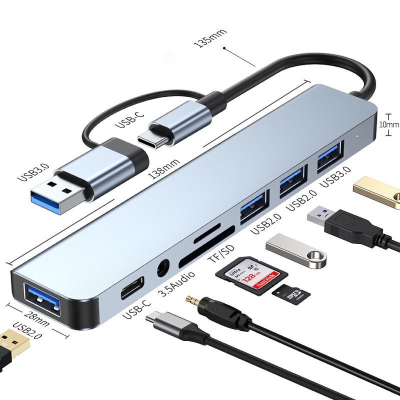 USB-C Multiport Hub Adapter 7-in-1 with USB 3.0, USB 2.0, TF/SD Card Reader & 3.5mm Audio Jack for Laptop, MacBook & Android Devices