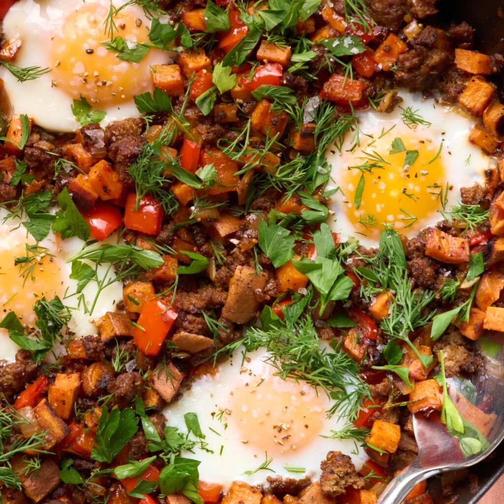 American Lamb & Sweet Potato Hash with Harissa Yogurt and Eggs