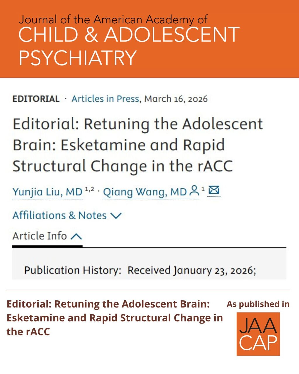 JAACAP AIP Editorial: Retuning the Adolescent Brain: Esketamine and Rapid Structural Change in the rACC