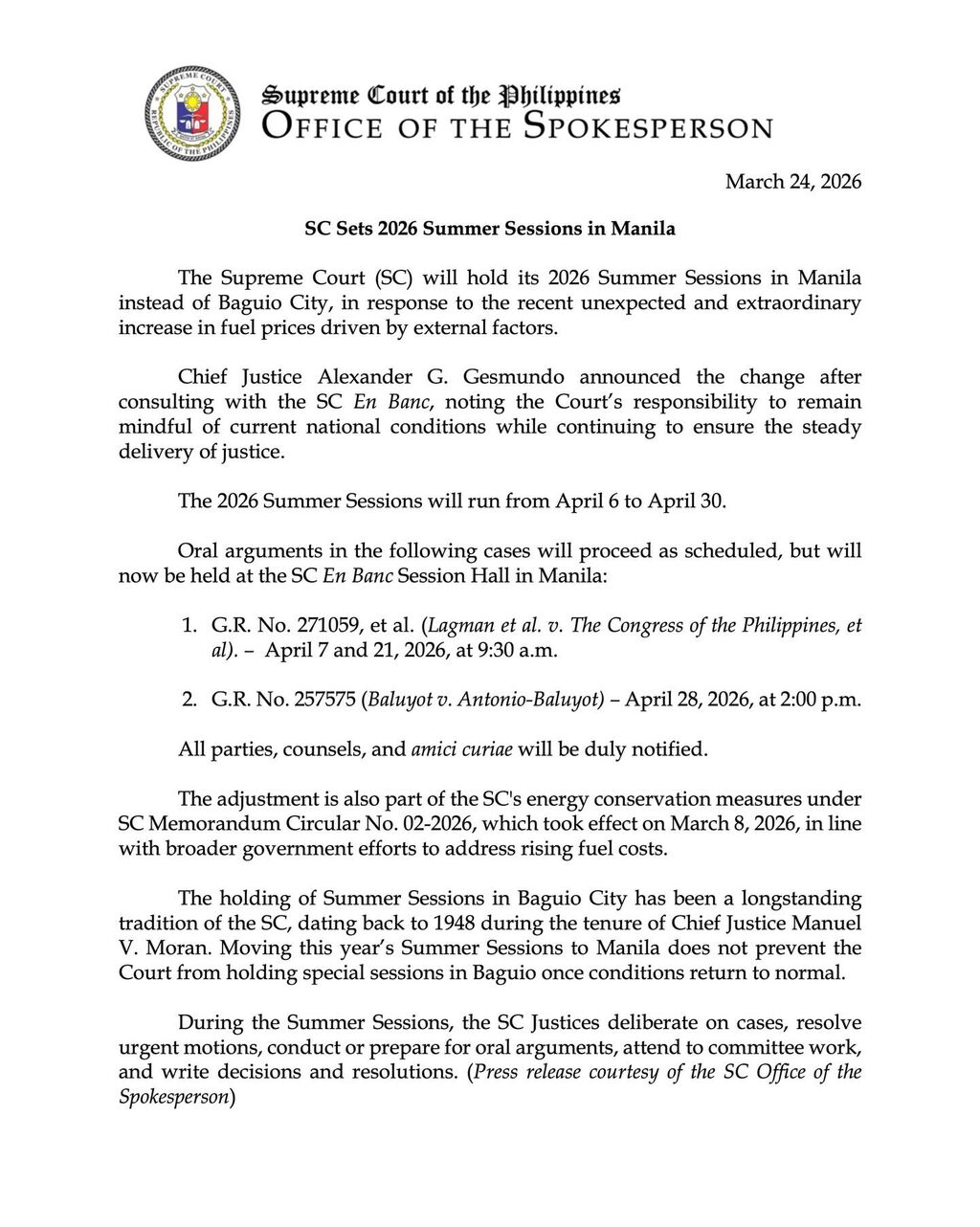 SC Sets 2026 Summer Sessions in Manila