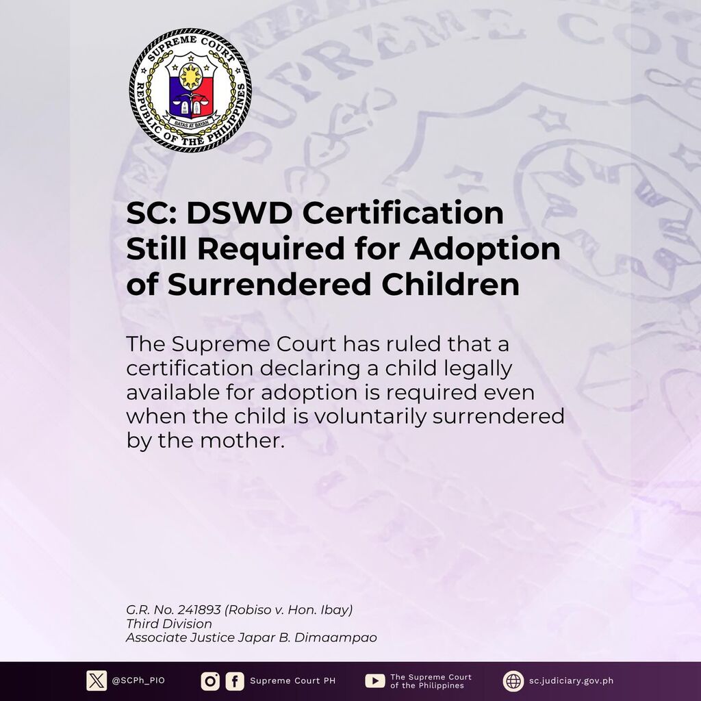 SC: DSWD Certification Still Required for Adoption of Surrendered Children