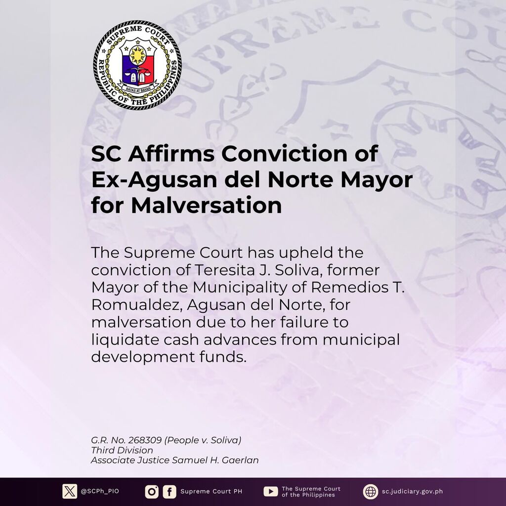 SC Affirms Conviction of Ex-Agusan del Norte Mayor for Malversation of Public Funds
