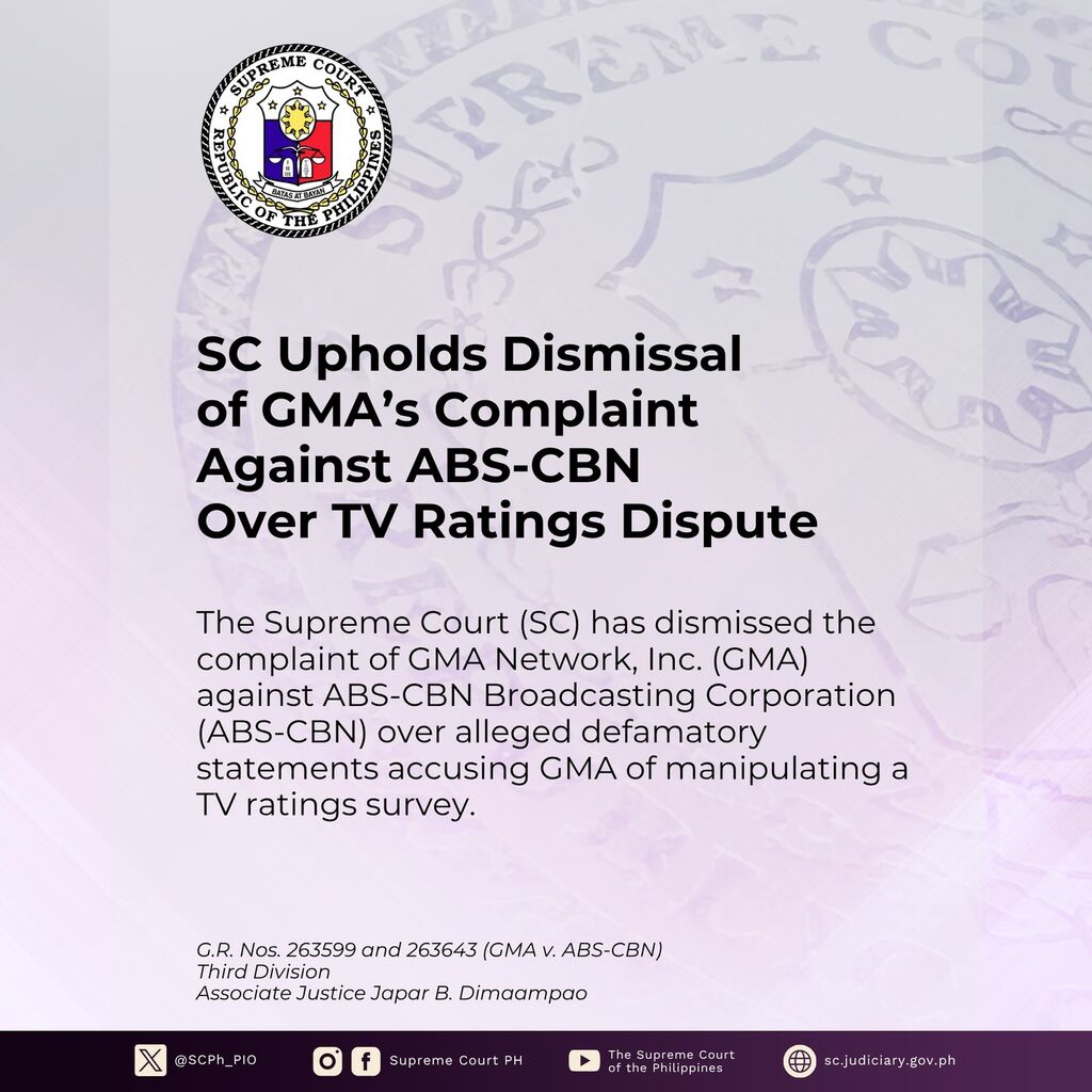 SC Upholds Dismissal of GMA&rsquo;s Complaint Against ABS-CBN Over TV Ratings Dispute