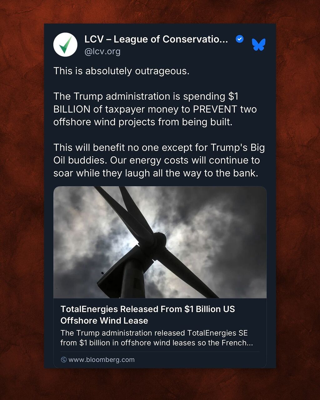 Trump wants to spend a BILLION DOLLARS of our money to *prevent* clean energy companies from finishing their offshore wind projects