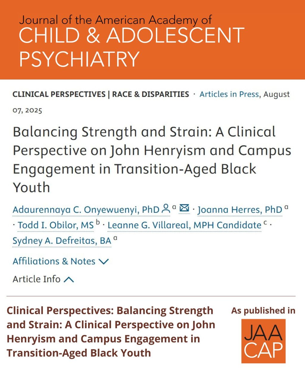 JAACAP 0426 Balancing Strength and Strain: A Clinical Perspective on John Henryism and Campus Engagement in Transition-Aged Black Youth