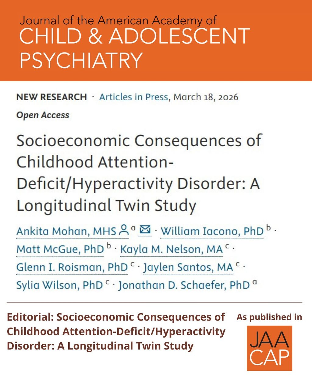 JAACAP AIP Socioeconomic Consequences of Childhood Attention-Deficit/Hyperactivity Disorder: A Longitudinal Twin Study