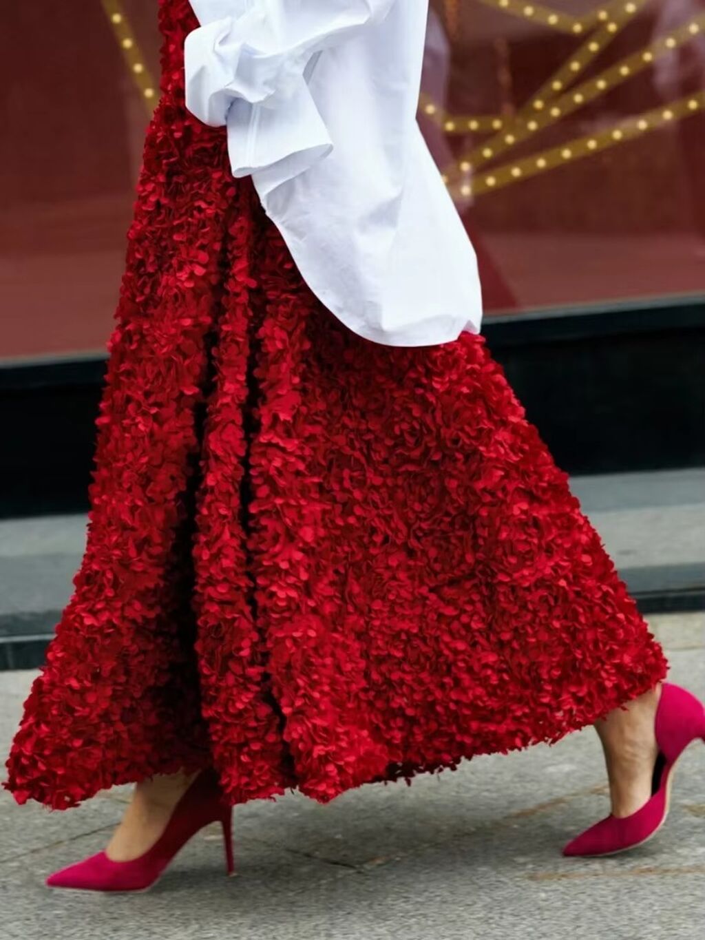 Premium Red 3D Floral Applique Maxi Skirt - Elegant Textured 