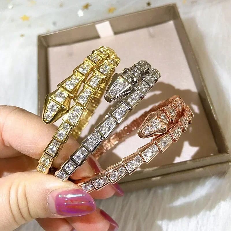 Luxury Snake Design Bracelet for Women &ndash; Crystal Diamond Adjustable Open Cuff Bangle (Gold, Silver, Rose Gold)