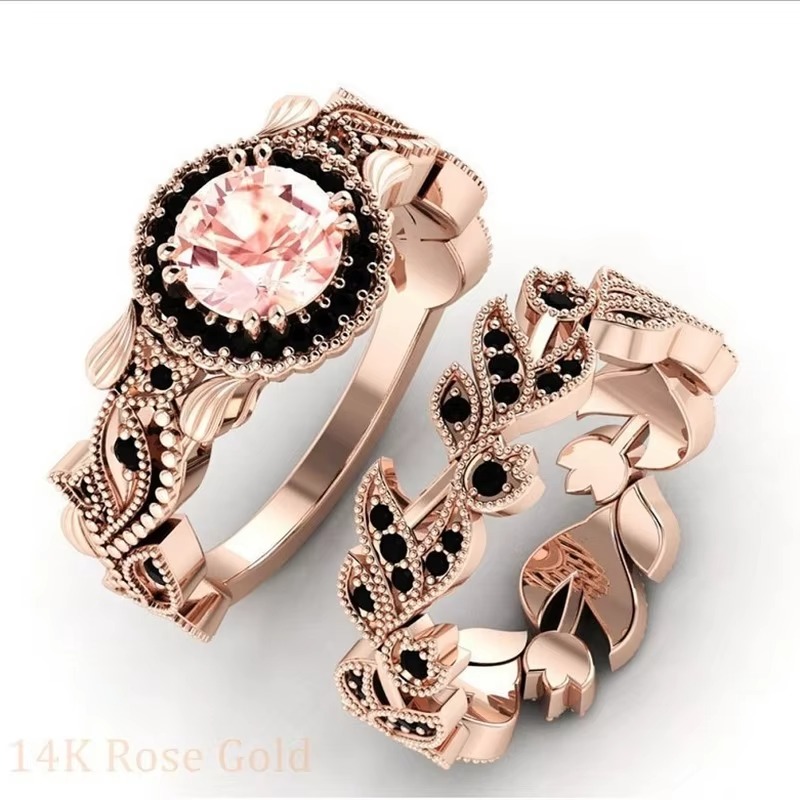 Vintage Rose Gold Morganite Wedding Ring Set | Black Diamond Halo Floral Engagement Ring for Women