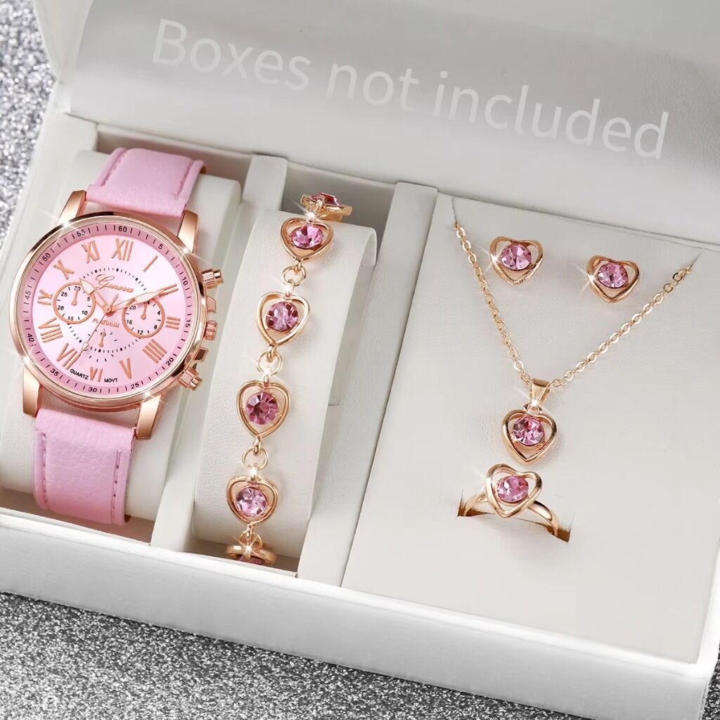 -Piece Women's Rose Gold Jewelry Set - Luxury Pink Leather Watch, Heart Pendant Necklace, Earrings, Bracelet & Ring &ndash; Perfect Gift for Her.