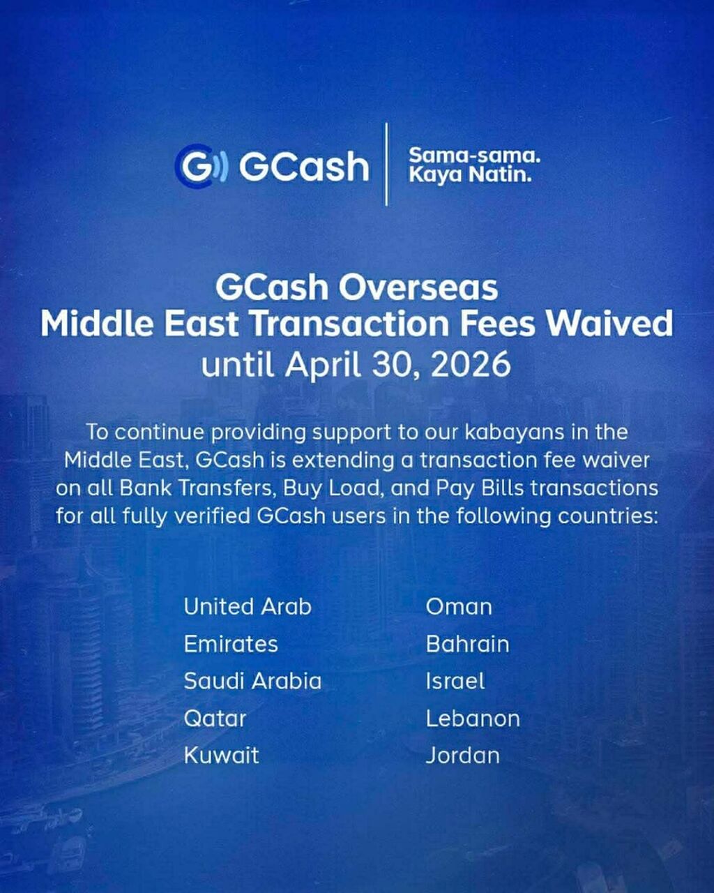 Zero fees for Middle East transactions via GCash extended until Apr 30, 2026
