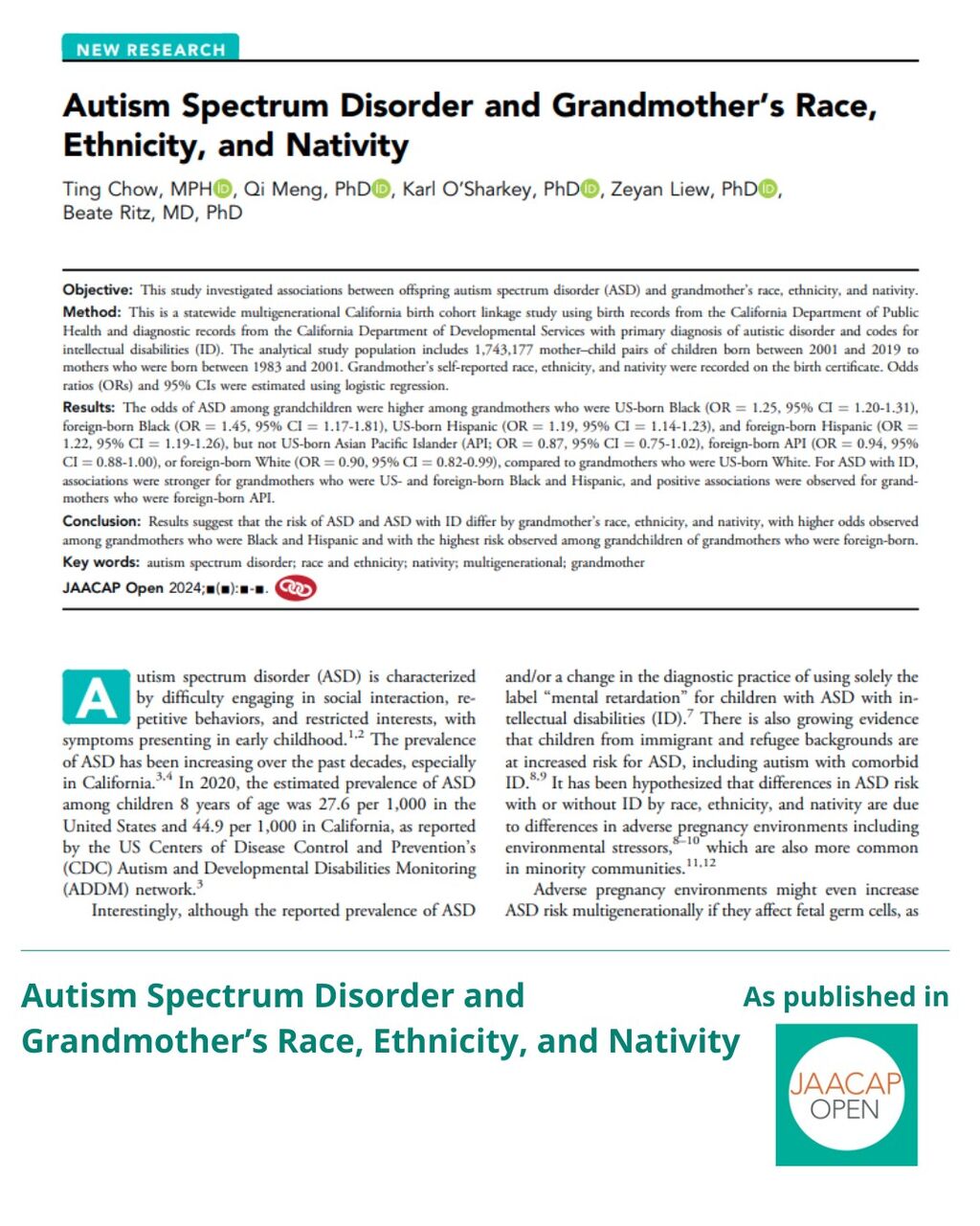 JO 0925 Autism Spectrum Disorder and Grandmother&rsquo;s Race, Ethnicity, and Nativity