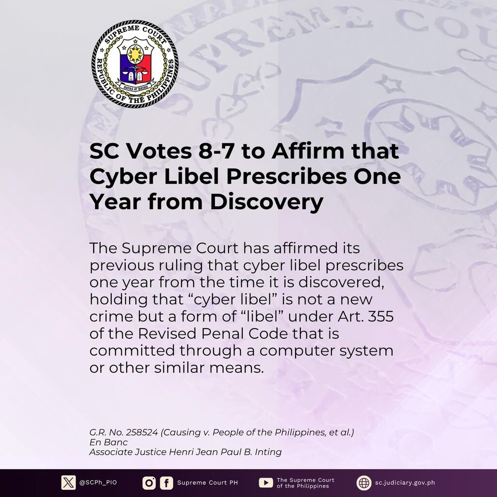 SC Affirms Cyber Libel Prescribes One Year from Discovery