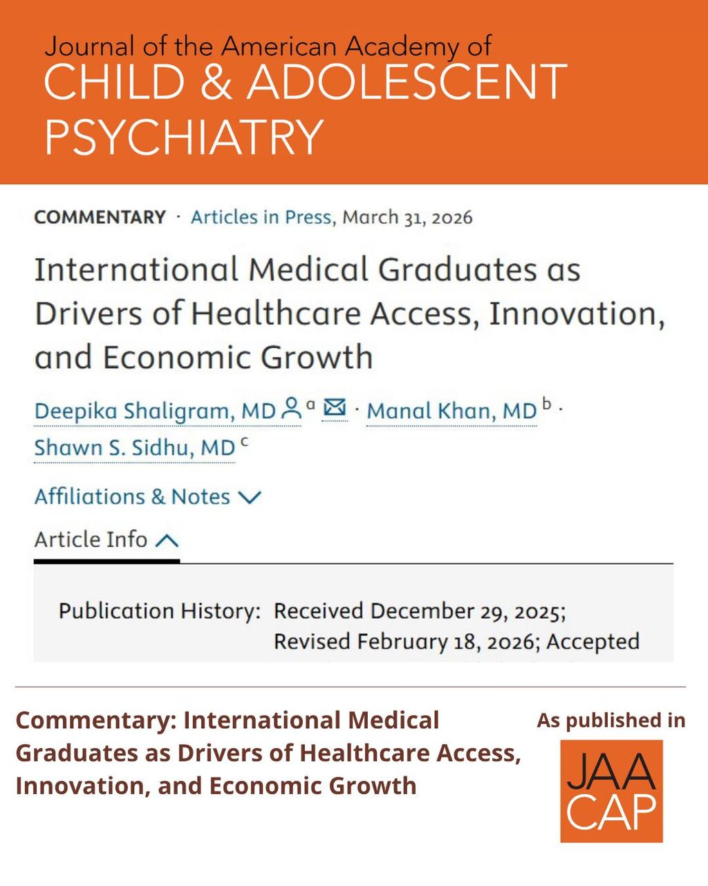 JAACAP AIP International Medical Graduates as Drivers of Healthcare Access, Innovation, and Economic Growth