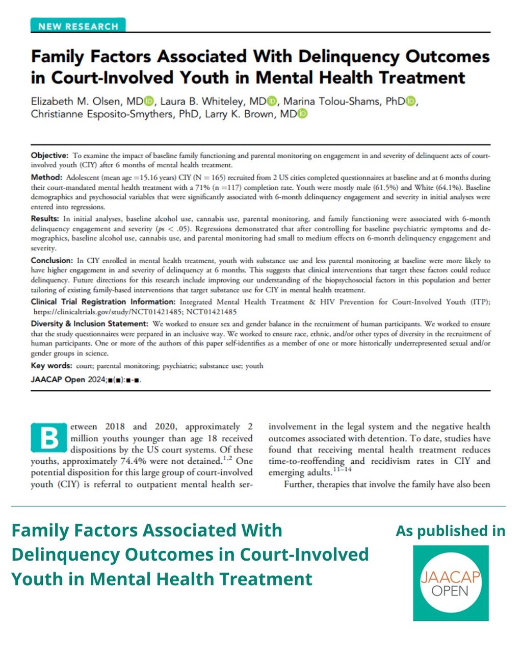 JAACAP 0925 Family Factors Associated With Delinquency Outcomes in Court-Involved Youth in Mental Health Treatment