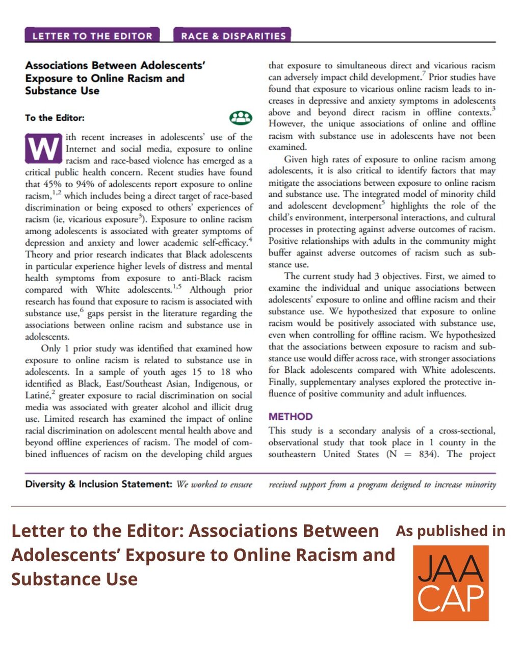 JAACAP 1125 Associations Between Adolescents&rsquo; Exposure to Online Racism and Substance Use