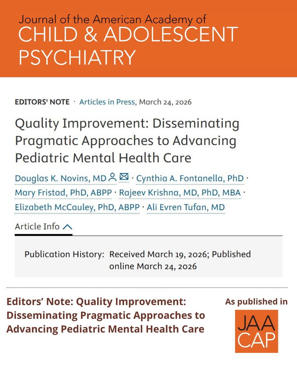 JAACAP AIP Quality Improvement: Disseminating Pragmatic Approaches to Advancing Pediatric Mental Health Care