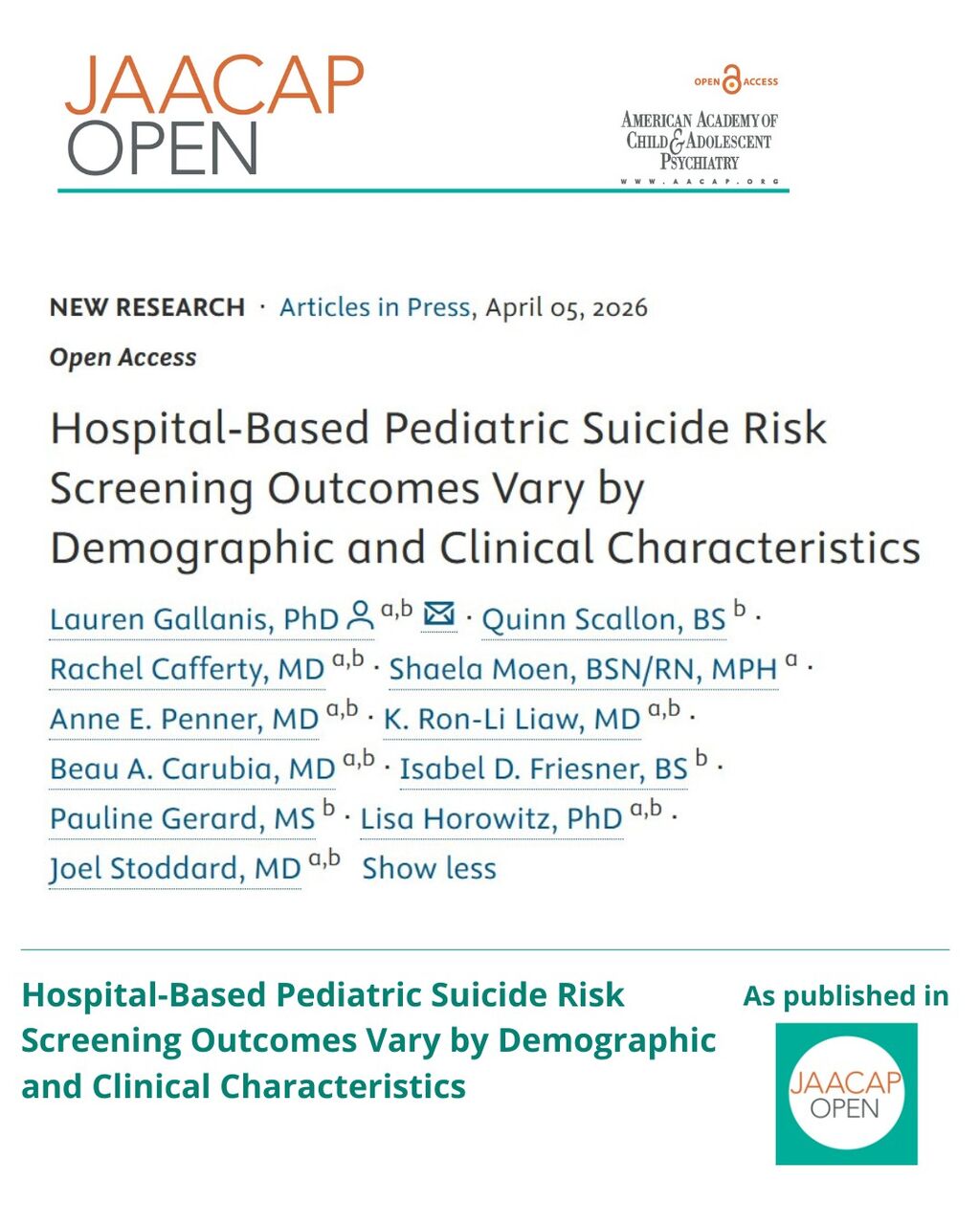 JO AIP Hospital-Based Pediatric Suicide Risk Screening Outcomes Vary by Demographic and Clinical Characteristics