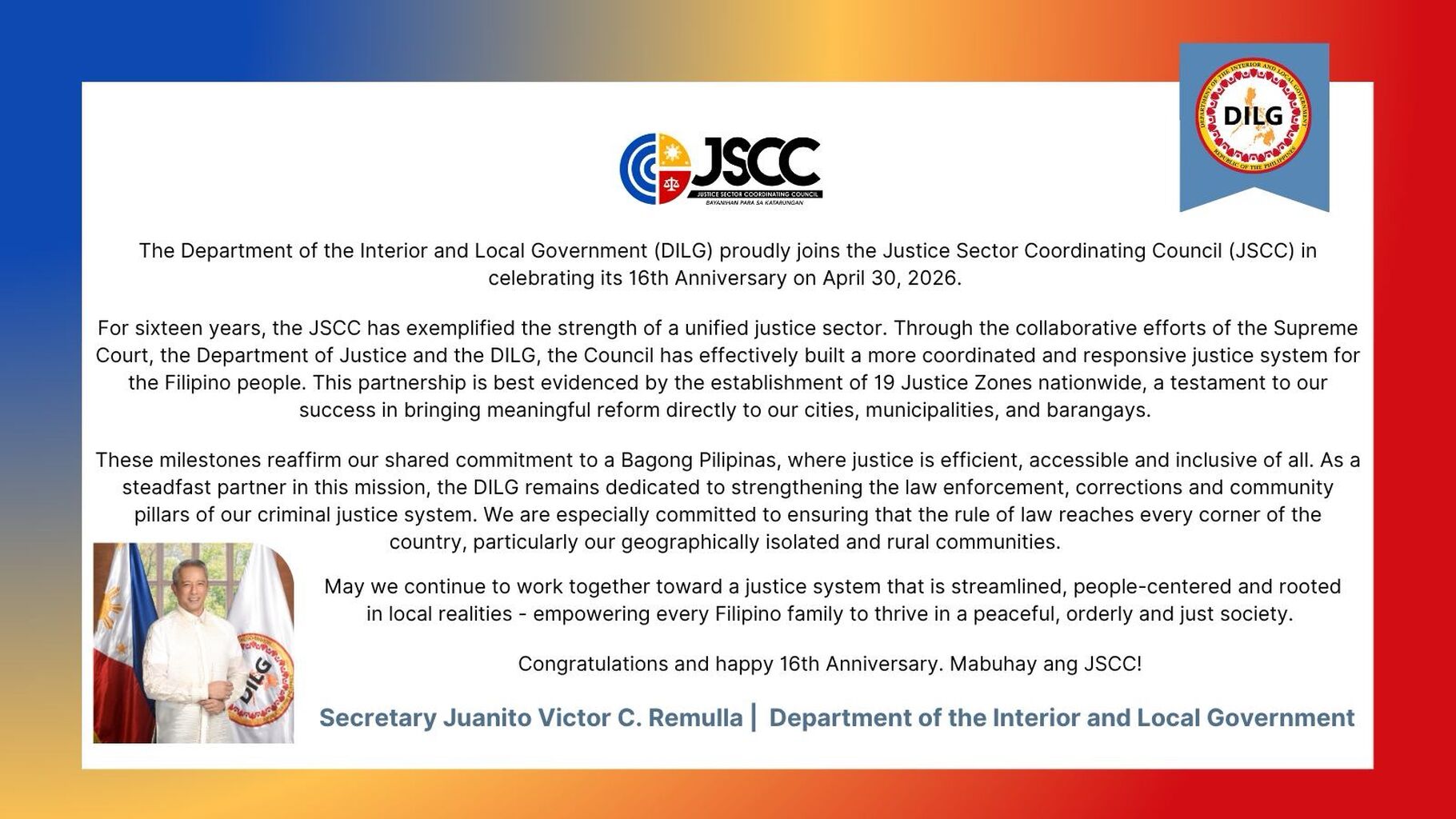 JSCC - message from Secretary Juanito Victor C. Remulla