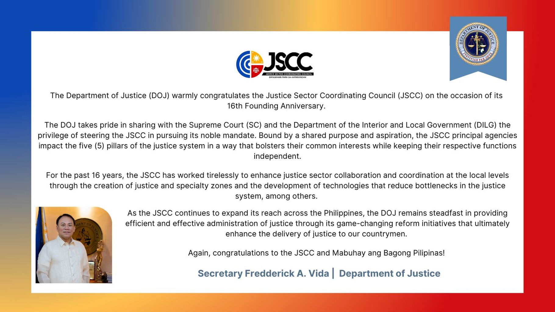 JSCC - message from Secretary Fredderick A. Vida