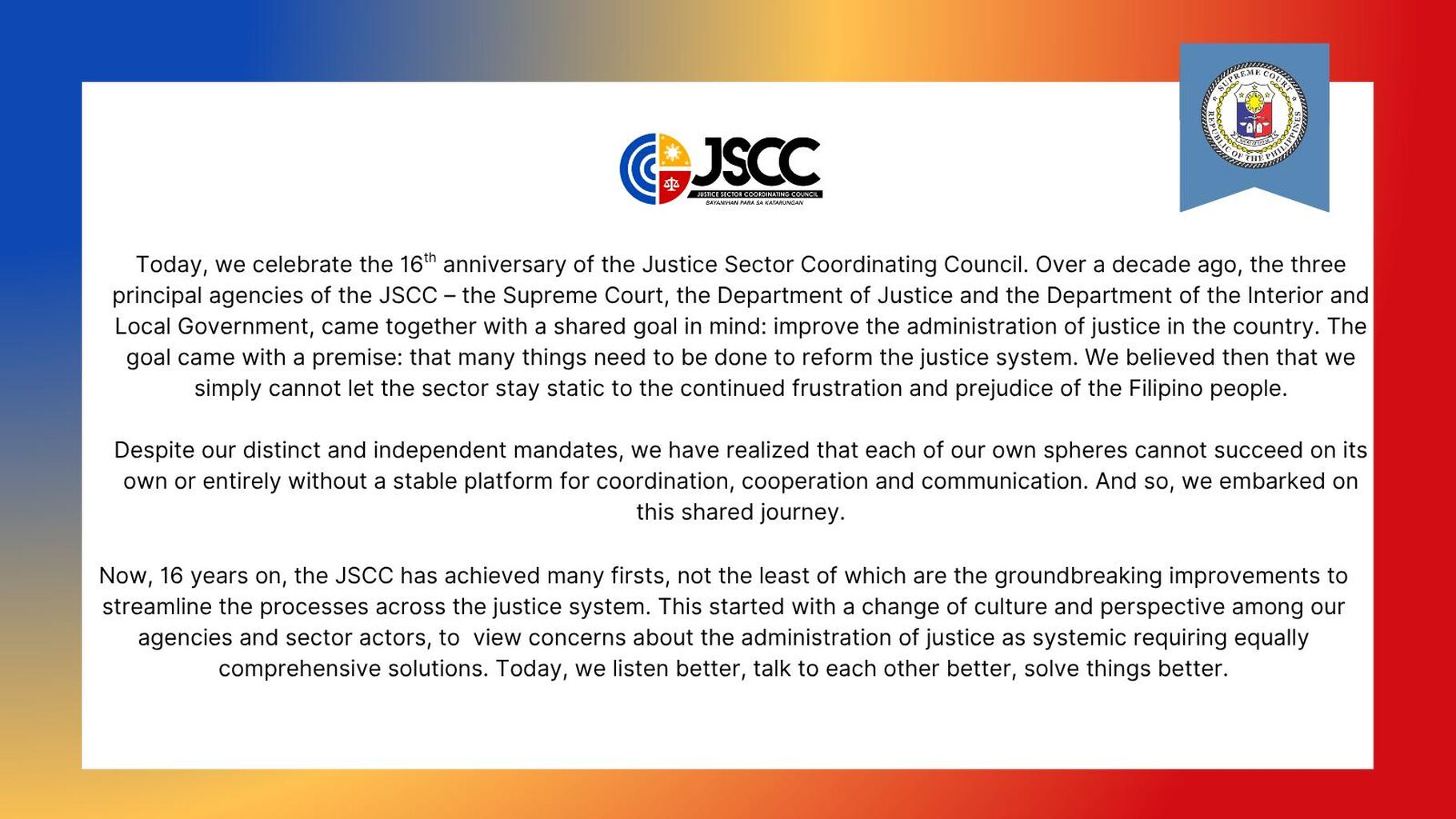 JSCC - Message of Chief Justice Alexander G. Gesmundo