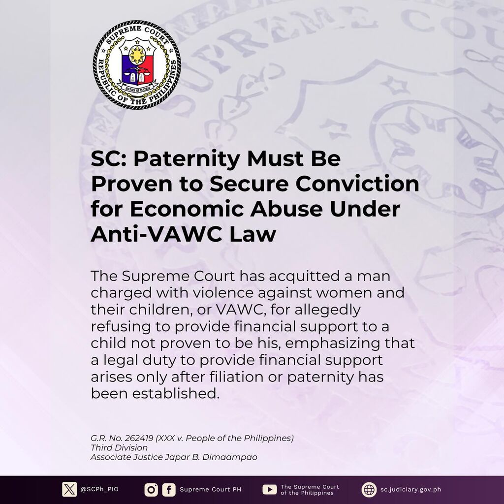 SC Paternity Must Be Proven to Convict for Economic Abuse Under Anti-VAWC Law