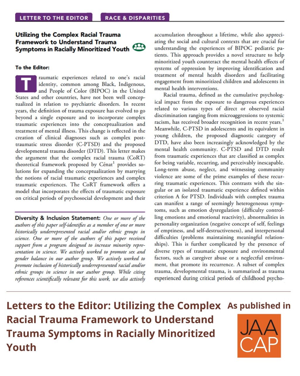 JAACAP 1125 Utilizing the Complex Racial Trauma Framework to Understand Trauma Symptoms in Racially Minoritized Youth