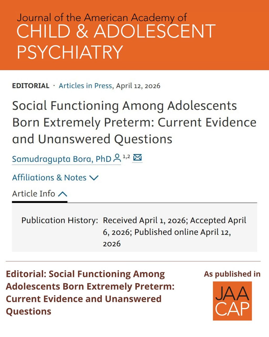 JAACAP AIP Editorial: Social Functioning Among Adolescents Born Extremely Preterm: Current Evidence and Unanswered Questions