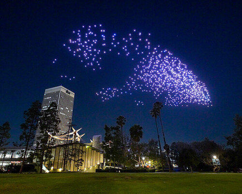 Over 1,000 illuminated drones above LACMA. Peter Zumthor's newly opened David Geffen Galleries below