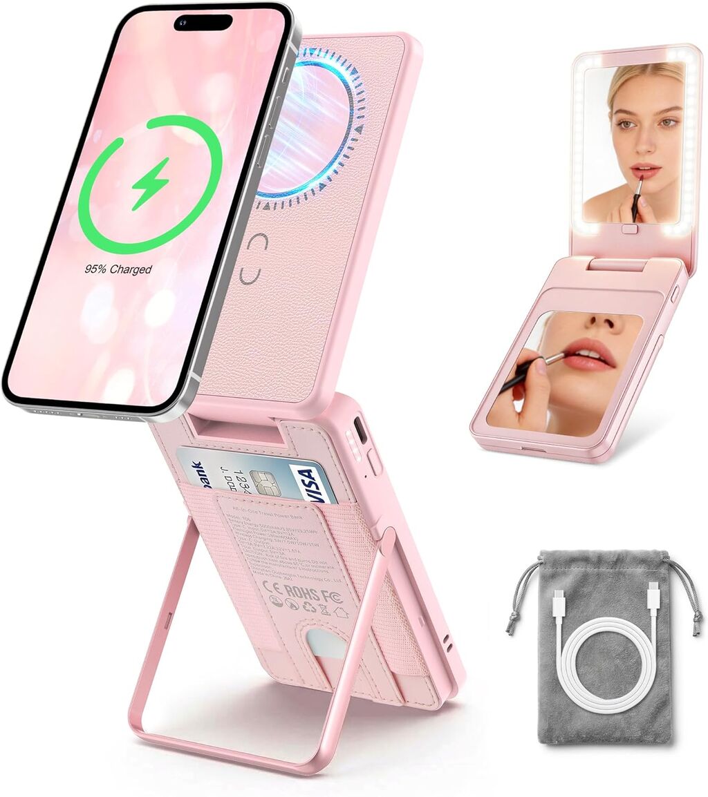 All-in-One Magnetic Power Bank for Women, 5000mAh Portable Charger with LED M...