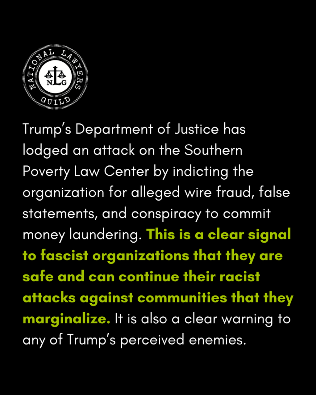  NLG Stands in Solidarity with SPLC Against Baseless Attacks by a Weaponized Department of Justice