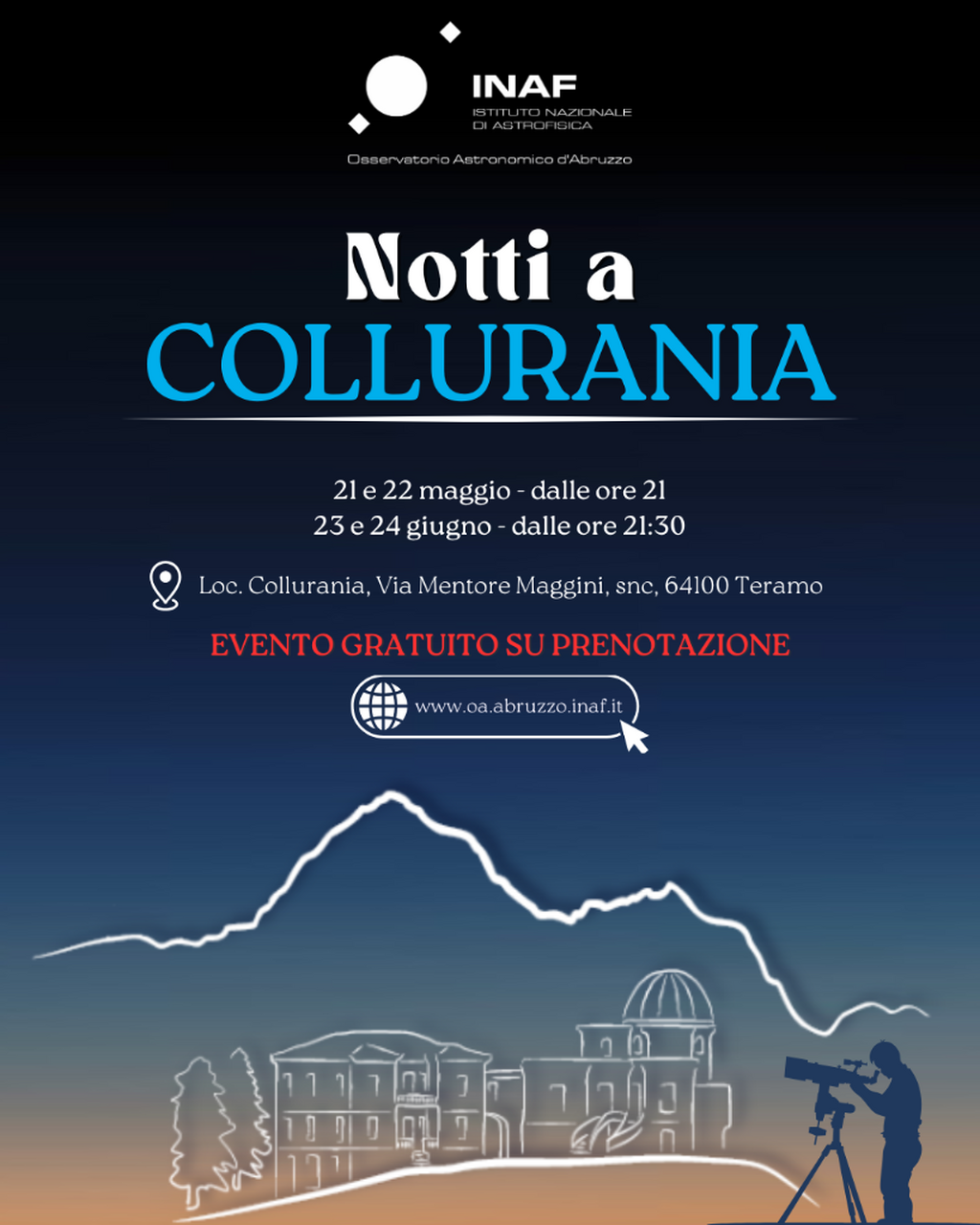 Notti a Collurania 2026: le visite serali all'Osservatorio Astronomico d'Abruzzo