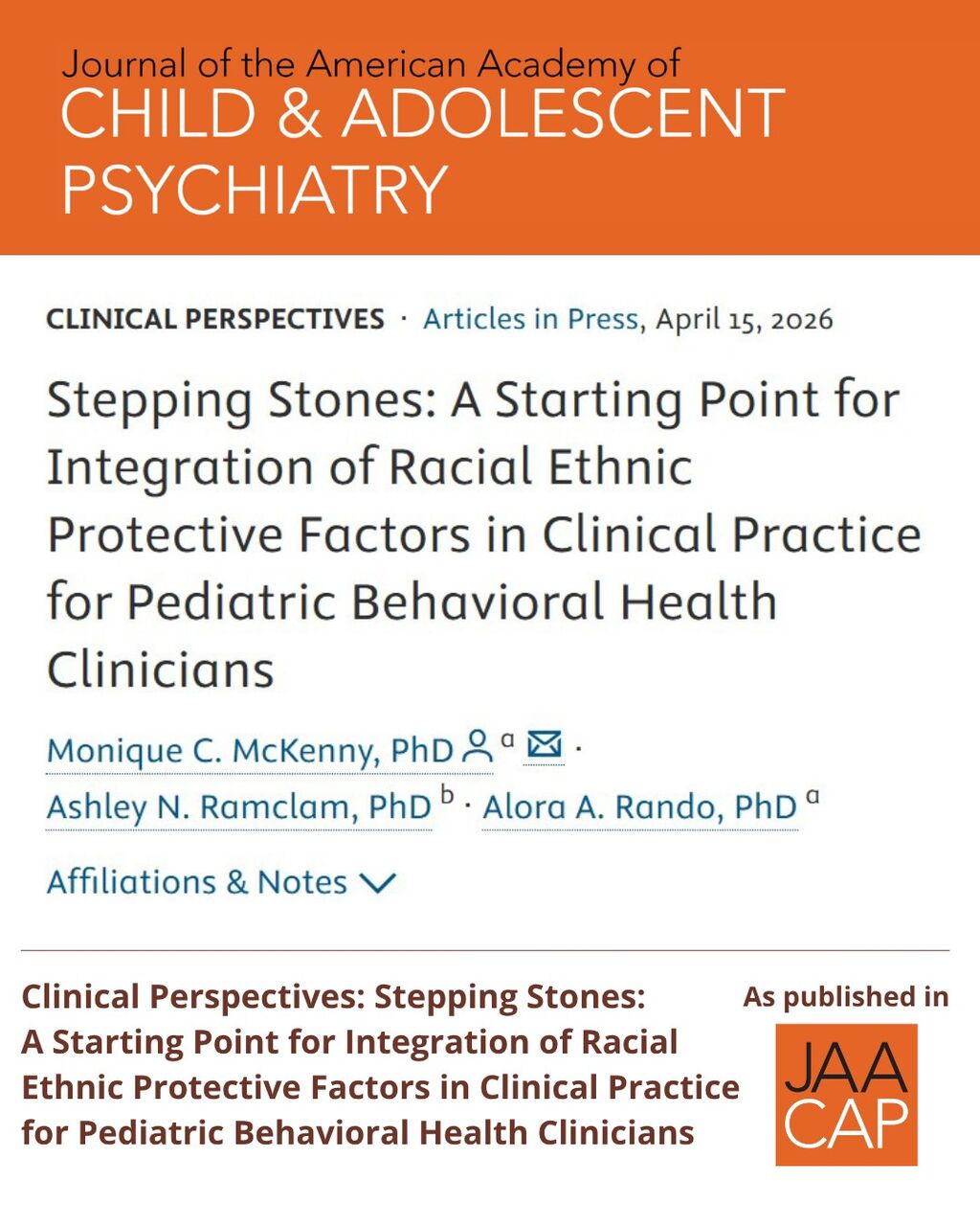 JAACAP AIP Stepping Stones: A Starting Point for Integration of Racial&ndash;Ethnic Protective Factors in Clinical Practice for Pediatric Behavioral Health Clinicians