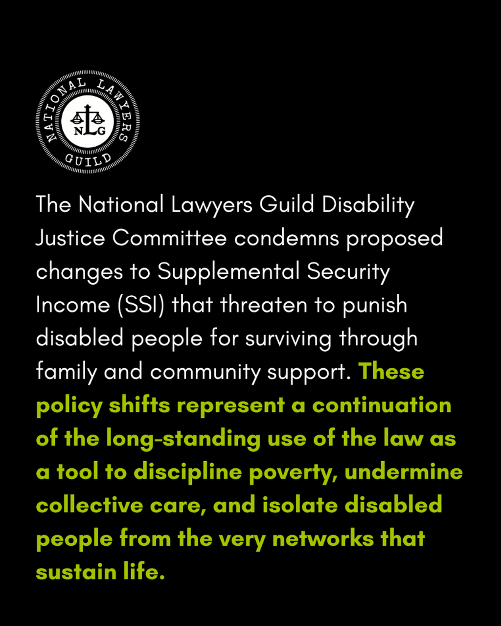 NLG Disability Justice Committee Statement on Proposed Changes to SSI and Attacks on Collective Care