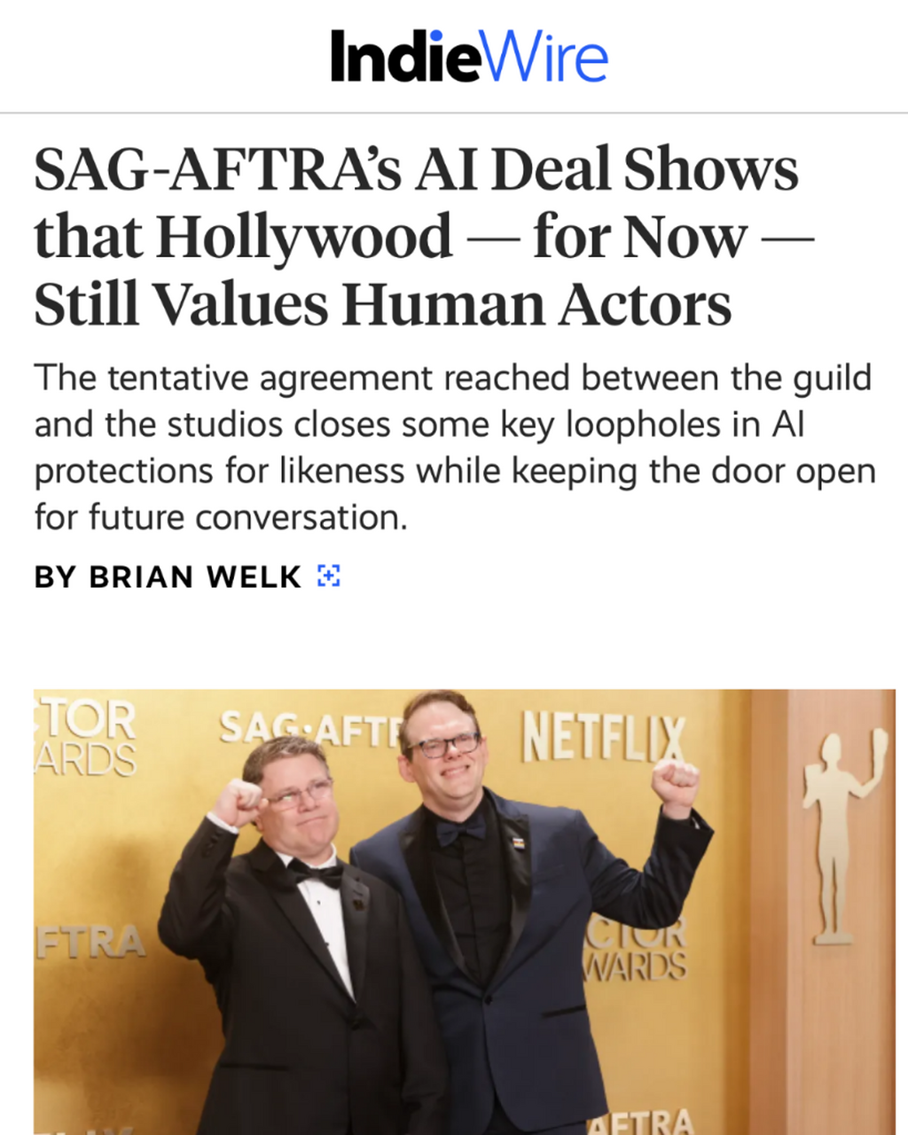 IndieWire: SAG-AFTRA&rsquo;s AI Deal Shows that Hollywood &mdash; for Now &mdash; Still Values Human Actors