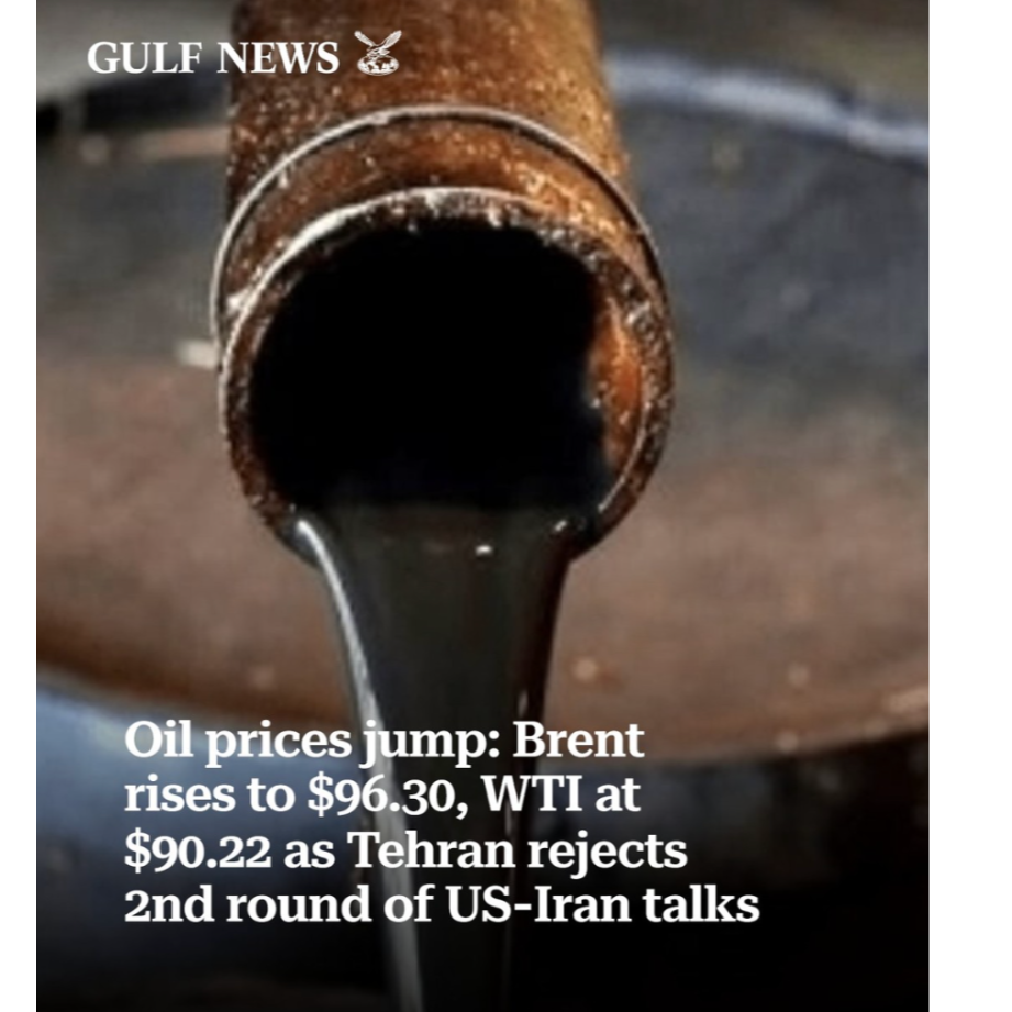 Oil prices jump: Brent rises to $96.30, WTI at $90.22 as Tehran rejects 2nd round of US-Iran talks