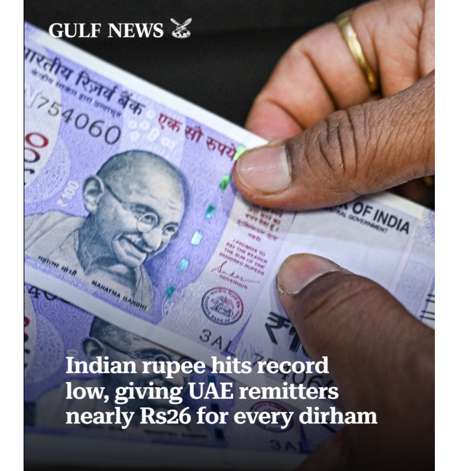 Indian rupee hits record low, giving UAE remitters nearly Rs26 for every dirham A