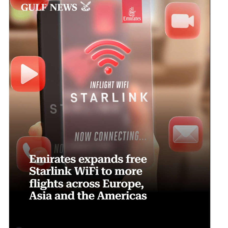 Emirates expands free Starlink WiFi to more flights across Europe, Asia and the Americas