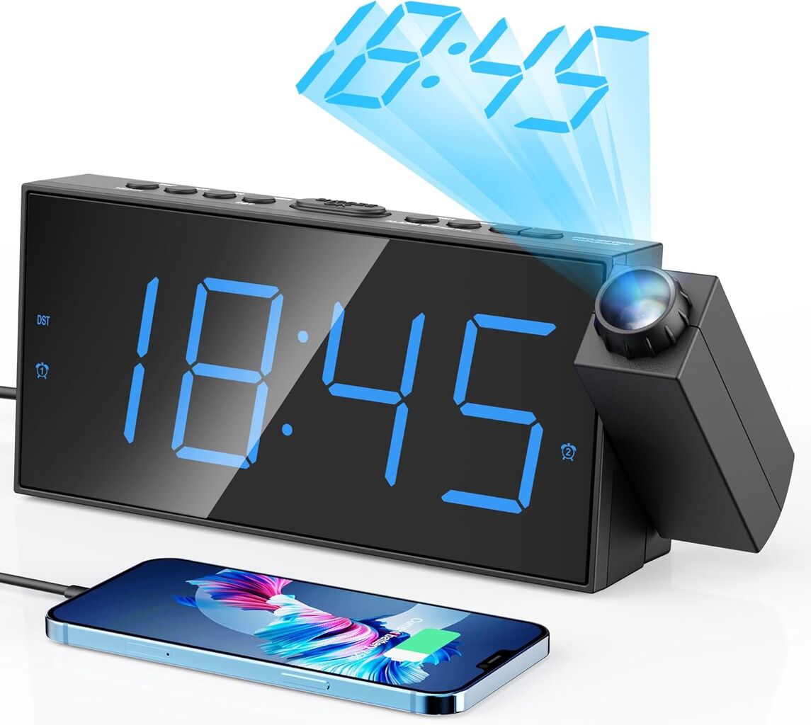 Digital Projection Alarm Clocks for Bedrooms - Large LED Display, 180&deg; Rotata...