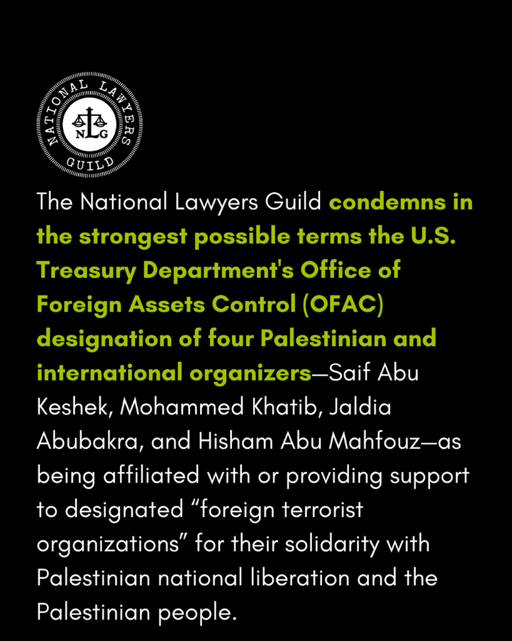 Statement Condemning OFAC Designation of Four Palestine Solidarity Organizers