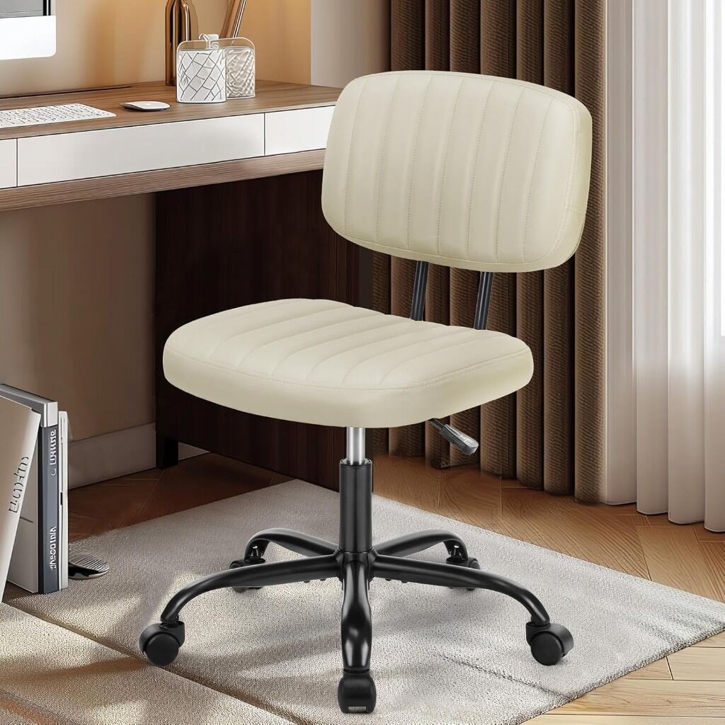 DUMOS Armless Home Office Executive Chair - Small Desk Chair with Low Back Lumbar Support, Height Adjustable PU Leather Computer Task Chair with 360&deg; Swivel Wheels, for Adults, Beige Visit the DUMOS Store
