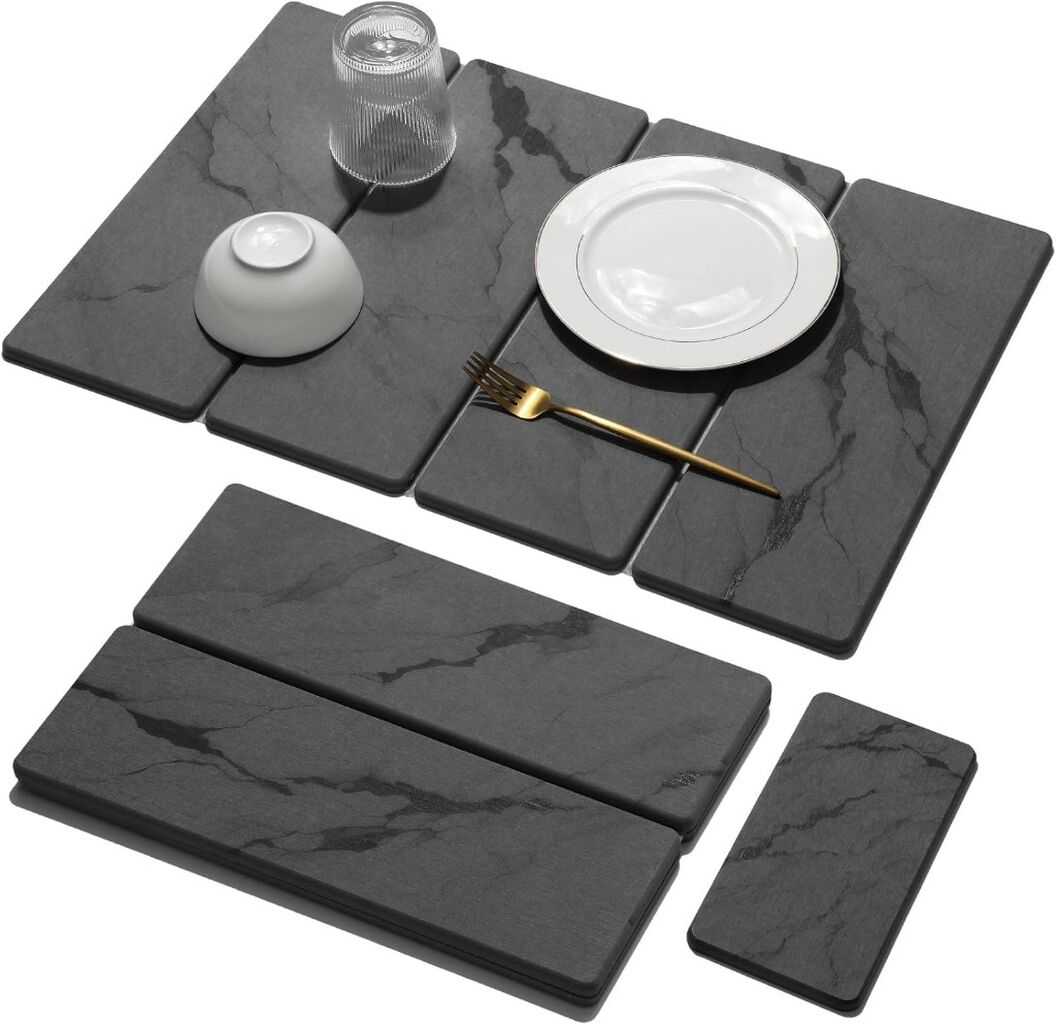 Large Stone Dish Drying Mat for Kitchen Counter, 2 PCS Quick Dry Stone Mats, Foldable Water Absorbing Diatomaceous Earth Drying Dishes Pad for Countertop Bottles Utensils Cup(Dark gray 24"x16"&8"x4")