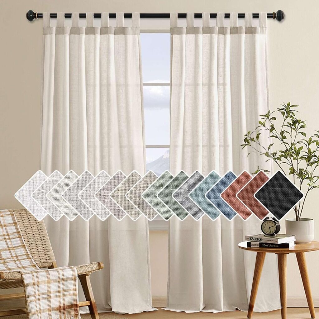 H.VERSAILTEX 2 Pack Ultra Luxurious Solid High Woven Linen Elegant Semi Sheer Curtains 7 Tab Top Breathable and Airy Drapes for Bedroom/Living Room - 52 by 96 Inch, Set 2 Panels, Heathered Natural