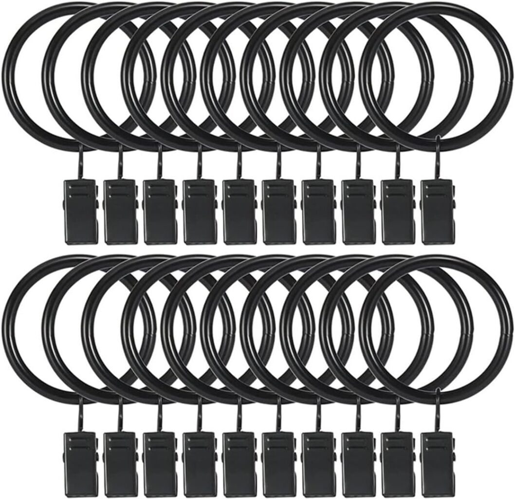 Curtain Rings with Clips 1.5 Inch Set 20 Heavy Duty Curtain Hooks for Decorative Drapery Rings, Rings with Curtain Clips,Curtain Clip Rings,Drapery Rings,Black