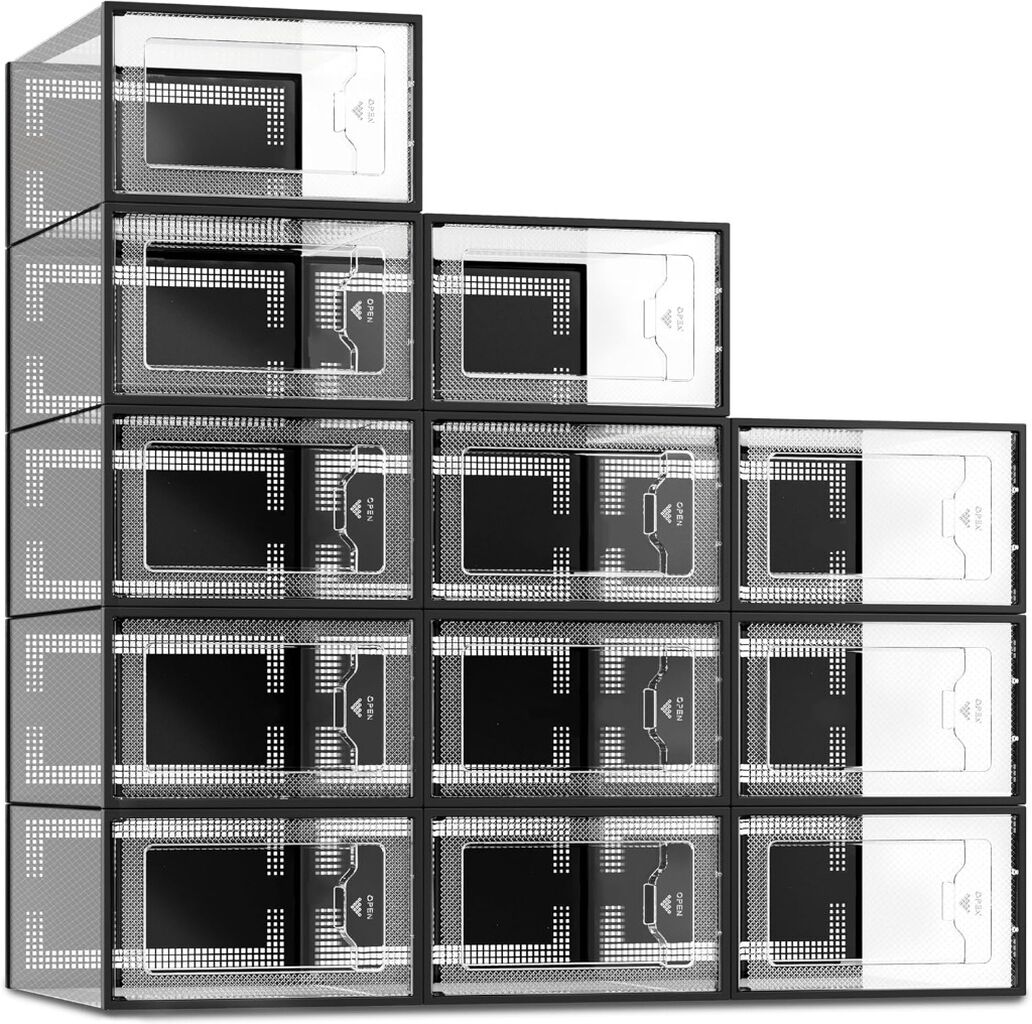 12 Pack Shoe Storage Box, Clear Plastic Stackable Shoe Organizer for Closet, Space Saving Shoe Rack for Entryway Sneaker Container Bin Holder (Black)