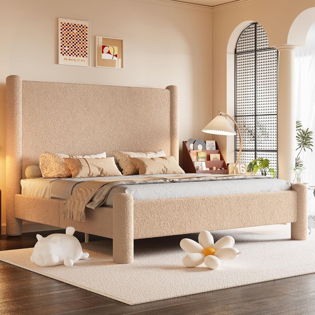 Jocisland King Size Upholstered Bed Frame with Boucle Chenille Fabric, Cloud-Inspired Headboard & Corner Design, Sturdy Platform Bed, No Box Spring Needed, Khaki
