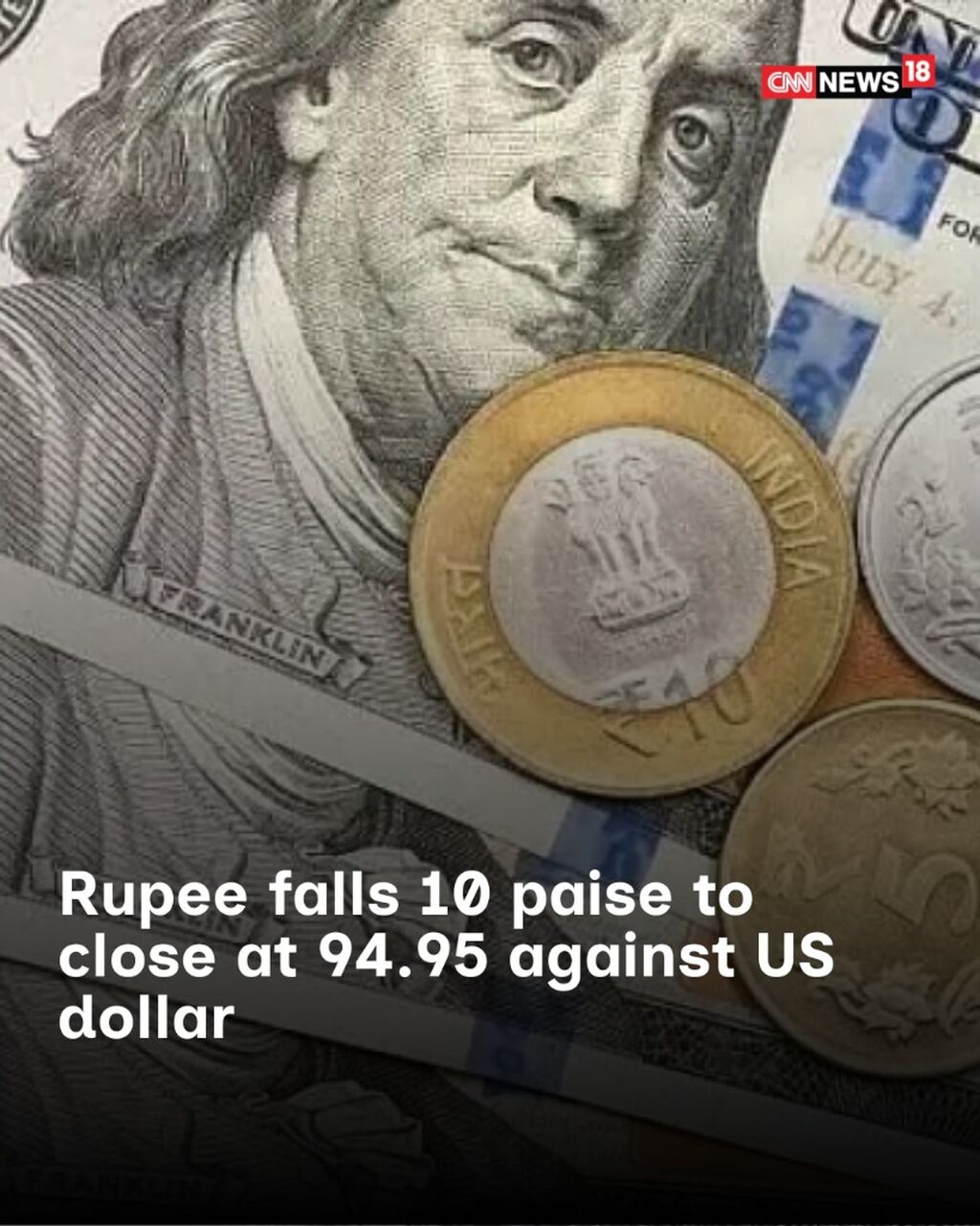 Rupee falls 10 paise to close at 94.95 against US dollar