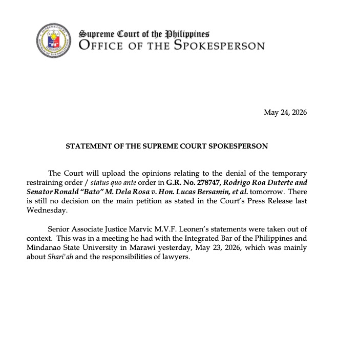 May 24, 2026 Statement of #SupremeCourtPH Spokesperson